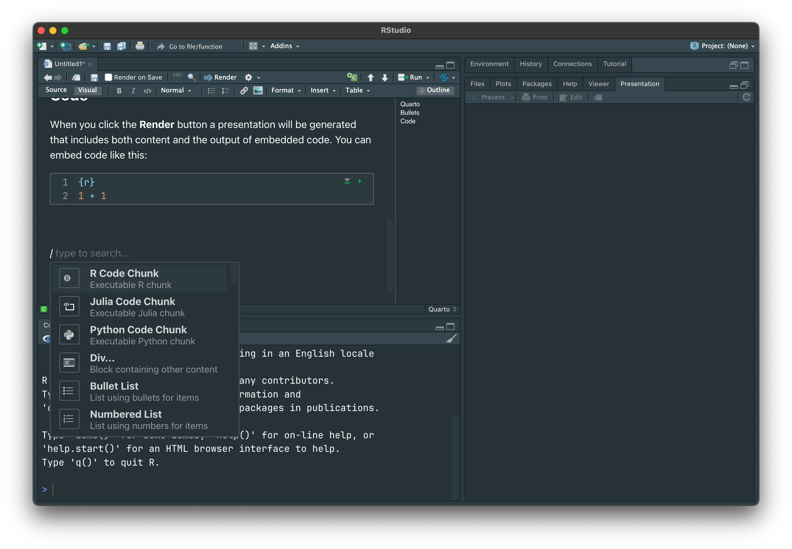 R Code Chunkを選ぶとRコード書くところが出る